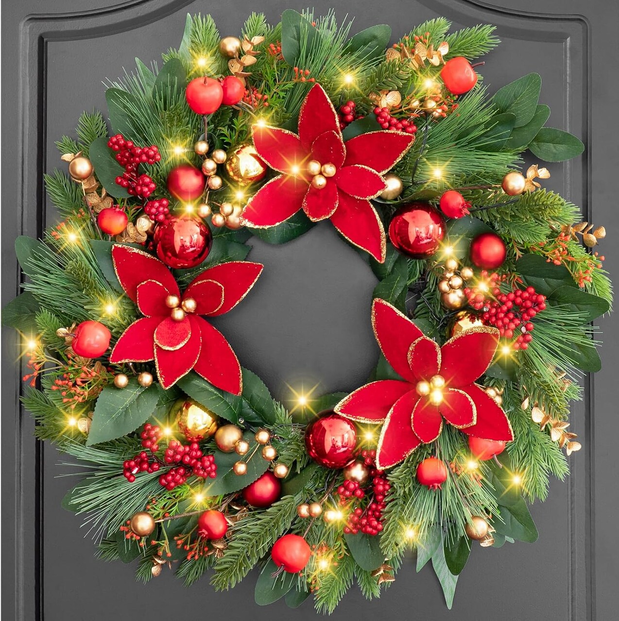 Christmas Wreaths for Front Door- 24 Inch Outdoor Prelit Christmas (Red) 5"D x 24"W x 24"H